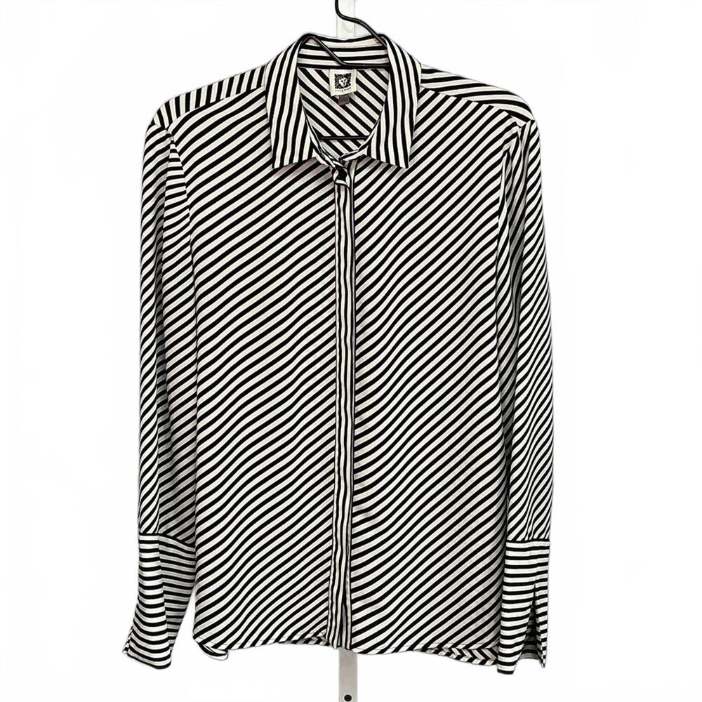 Anne Klein Vintage Black and White Striped Button-Up Blouse. L